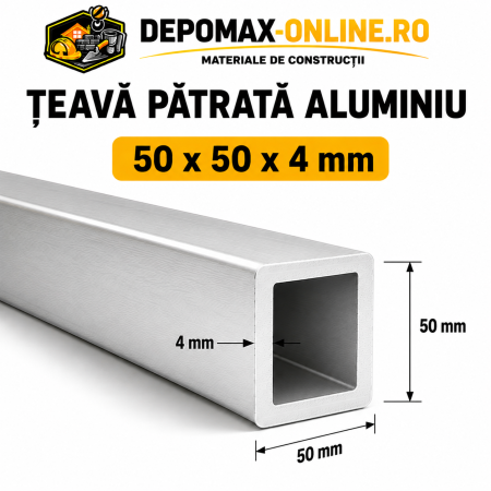 Teava patrata aluminiu 50 x 50 x 4 mm, 6 metri (EN AW-6060)